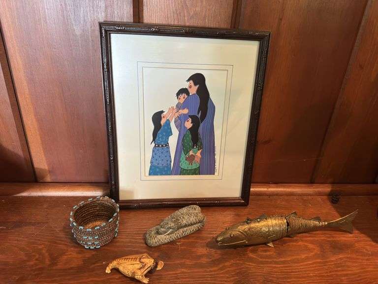 Antique Articulated Gold Wash over silver fish spice box,  2.5” Maori basket, adorned with turquoise beads, Virginia Stroud 8.5” x 10.5” framed picture, hand carved signed granite snake