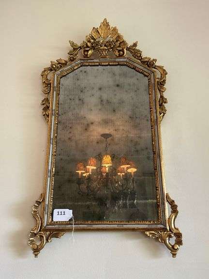 Antique Giltwood Wall Mirror with Floral Crest