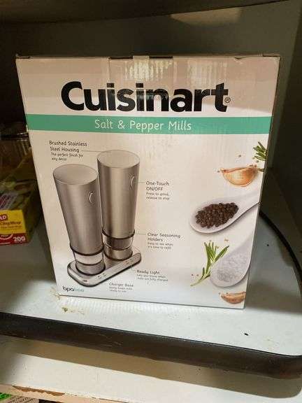 Ceramic platter, plastic containers, Cuisinart salt and pepper mills, Brita water pitcher, miscellaneous