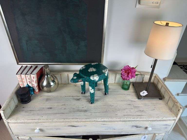 Heavy metal base 24” lamp, vase, books and candle