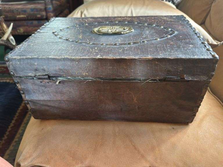 Antique Leather box with brass accents 9.5” x 15”