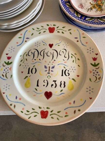 Ceramic ware, tureen, platter, plates and bowls, plate dated 10-16-1938