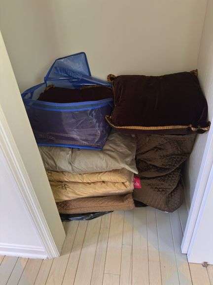 Left side of closet: rollerblades, backpack, brown velour pillows, king size pillow,  small comforters  50” X 65”,