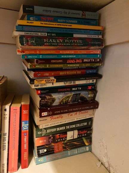 Bottom shelf of books