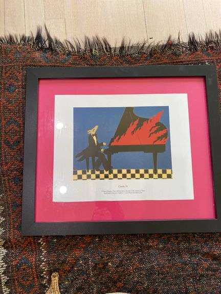 29” x 44” woven rug, matted and framed 20” x 17” picture “coyote 76” throw pillow, woven basket
