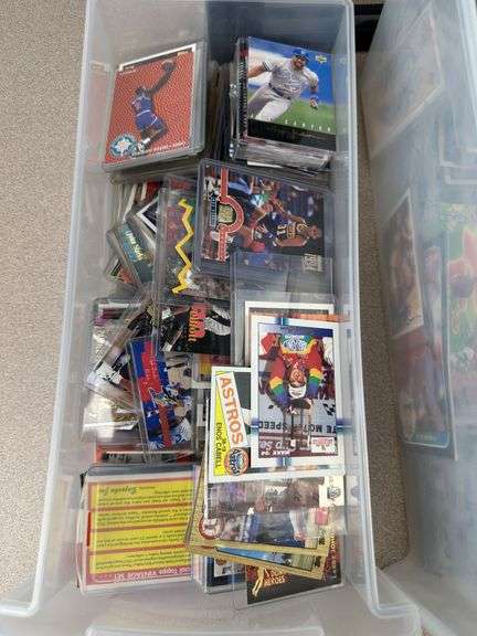 Large collection of misc basketball, baseball, football and nascar cards i. Storage totes