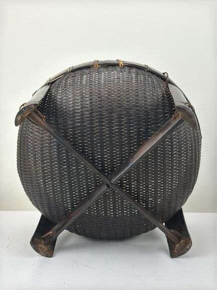 Chinese Woven Lidded Basket with Bamboo Frame Stand
