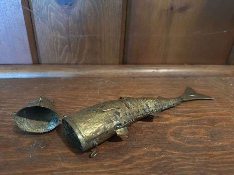 Antique Articulated Gold Wash over silver fish spice box,  2.5” Maori basket, adorned with turquoise beads, Virginia Stroud 8.5” x 10.5” framed picture, hand carved signed granite snake