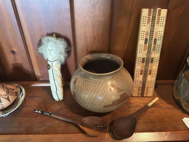 Mata Ortiz pottery olla pot or jar, cribbage boards pair of wooden serving spoons, Eskimo doll image