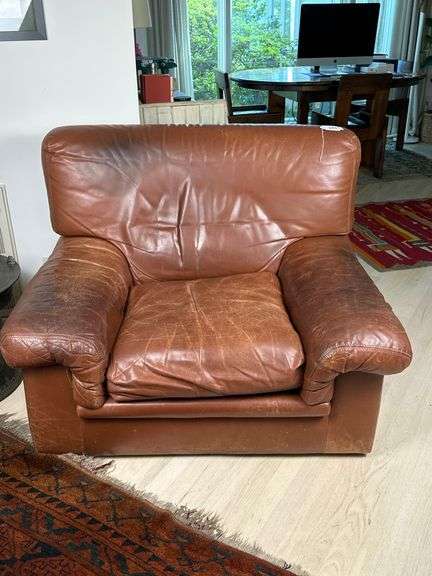 Pair of Vintage Roche Bobois Overstuffed Leather Club Chairs 43“ x 33“ x 36“ image