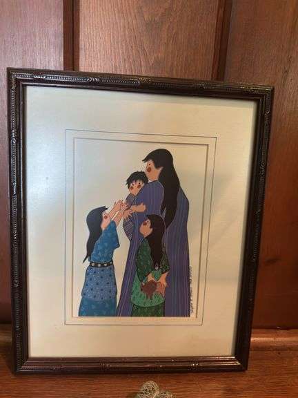 Antique Articulated Gold Wash over silver fish spice box,  2.5” Maori basket, adorned with turquoise beads, Virginia Stroud 8.5” x 10.5” framed picture, hand carved signed granite snake