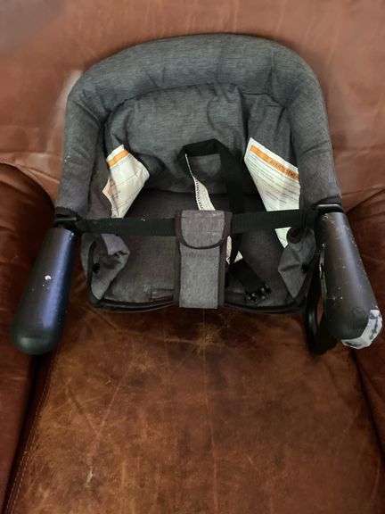 Booster seat, heating pad, 2 Deaconess open cloth totes, small plastic tote, lamp shade