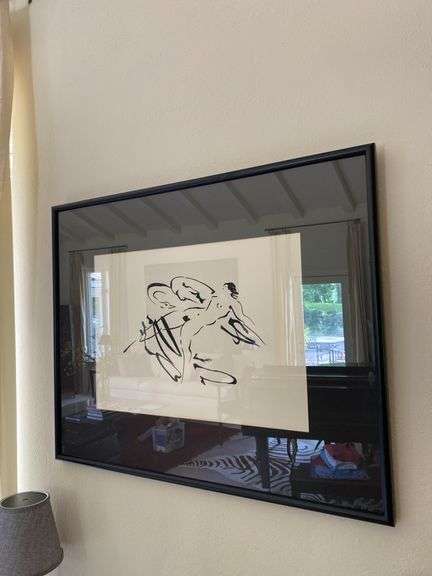 Pair matted and framed 37”x 30” coordinating ink paintings after Reuben Nakian's “Leda and the Swan” image
