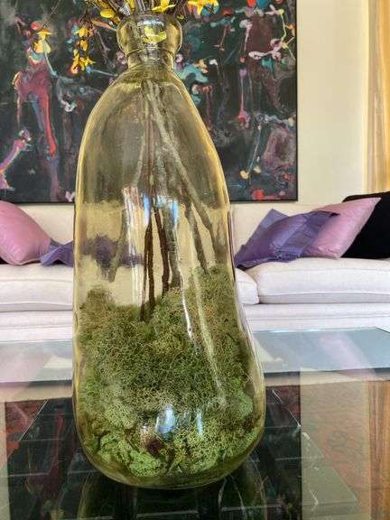 20” green bubble glass vase with faux flowers