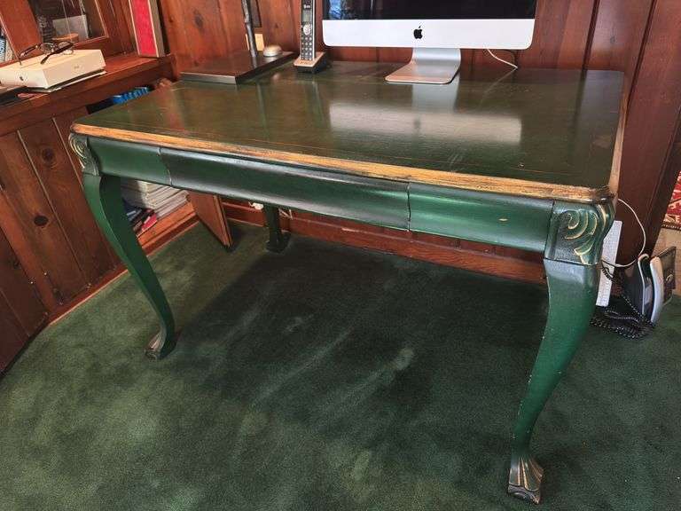 Antique Louis XIV style dark green desk with gilt painted accents, one drawer image