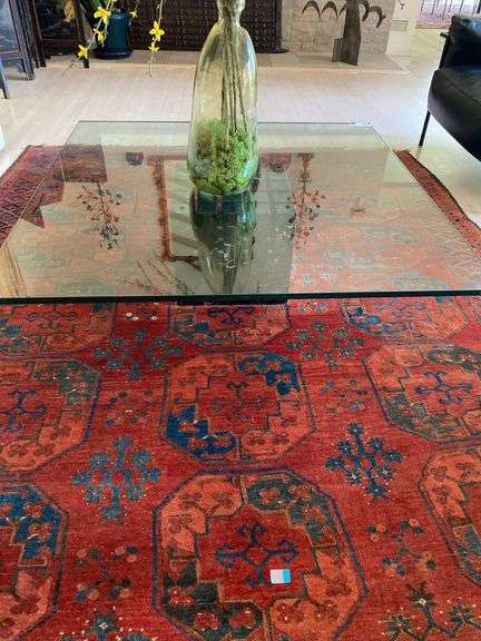 Post modern nero marquina marble base and glass top coffee table, 48" square 14" h