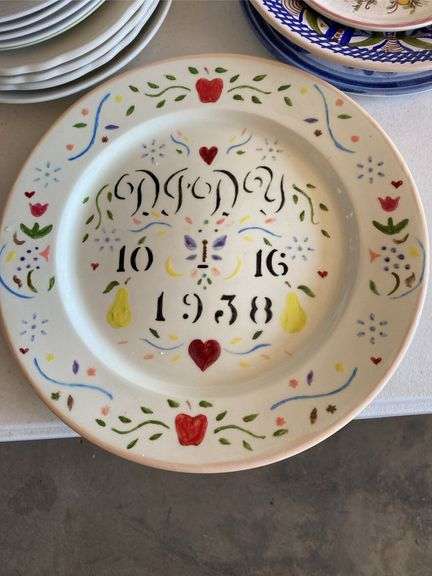 Ceramic ware, tureen, platter, plates and bowls, plate dated 10-16-1938