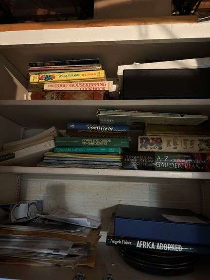 Inside of top of cabinet in basement. Lots of books & some dishes