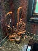 African carved animal sculptures. covered pottery jar, vase, misc