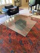 Post modern nero marquina marble base and glass top coffee table, 48" square 14" h