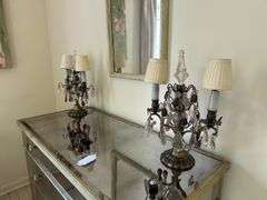 Pair of girandole lamps 17” h  crystals, brass. Very heavy!