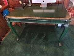 Antique Louis XIV style dark green desk with gilt painted accents, one drawer