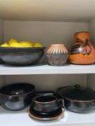 DANSK stoneware dishes, wood bowl with lemons, pottery vase, gourd vase
