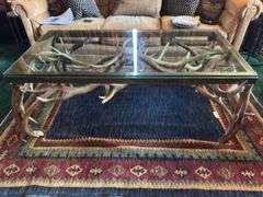 Vintage glass top antler coffee table 4’ long x 2’ wide x 19.5” tall