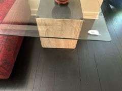 Side table, travertine base, glass top