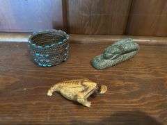 Antique Articulated Gold Wash over silver fish spice box,  2.5” Maori basket, adorned with turquoise beads, Virginia Stroud 8.5” x 10.5” framed picture, hand carved signed granite snake