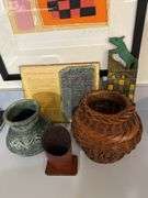 Framed signed watercolor 17” x 21.5”, vases, miscellaneous