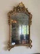Antique Giltwood Wall Mirror with Floral Crest