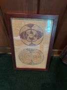 Antique African wooden sculpture, Matau fish hook on frame, 2 framed woven mats