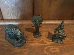 Silver Aztec Danzante figure by William Spratling Adorned with emeralds and a bone stag head, vintage alabaster owl, silver plate muskrat, 2 small Indian ritual bronze statues