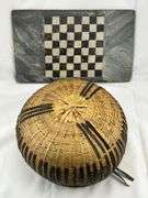 Handwoven Basket & Folk Art Checkerboard Game Board