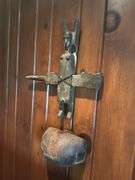 Antique African wooden sculpture, Matau fish hook on frame, 2 framed woven mats
