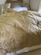 Left side of closet: rollerblades, backpack, brown velour pillows, king size pillow,  small comforters  50” X 65”,