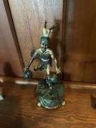 Silver Aztec Danzante figure by William Spratling Adorned with emeralds and a bone stag head, vintage alabaster owl, silver plate muskrat, 2 small Indian ritual bronze statues