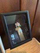 Native American beaded watch fob in frame 5” x 9.5”, beaded doll in frame 6” x 7.5”