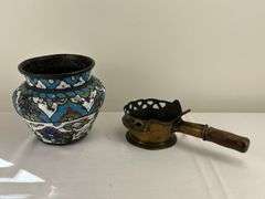 Enamel Brass Pot & Handled Pierced Bronze Brazier