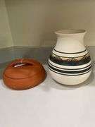Terra cotta 8” round baker, 9.5”pottery vase signed