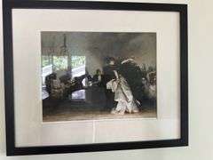 3 framed & matted prints: El Jalen by John singer 17” X 21”. Abstract artwork 20” X 26”   Coyote 75 by Harry Fonseca  17” X 20”