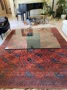 Post modern nero marquina marble base and glass top coffee table, 48" square 14" h