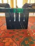 Post modern nero marquina marble base and glass top coffee table, 48" square 14" h