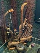 African carved animal sculptures. covered pottery jar, vase, misc