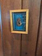 Antique African wooden sculpture, Matau fish hook on frame, 2 framed woven mats