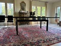 Le Corbusier LC6 Dining Table with Custom Black Granite top, 8 Montis Leather Dining Chairs