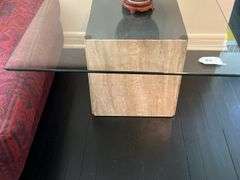 Side table, travertine base, glass top