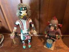 Mudhead Kachina Clown Doll 9.5” tall,  Kisa Prarrie Falcon 12” tall
