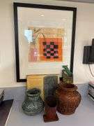 Framed signed watercolor 17” x 21.5”, vases, miscellaneous
